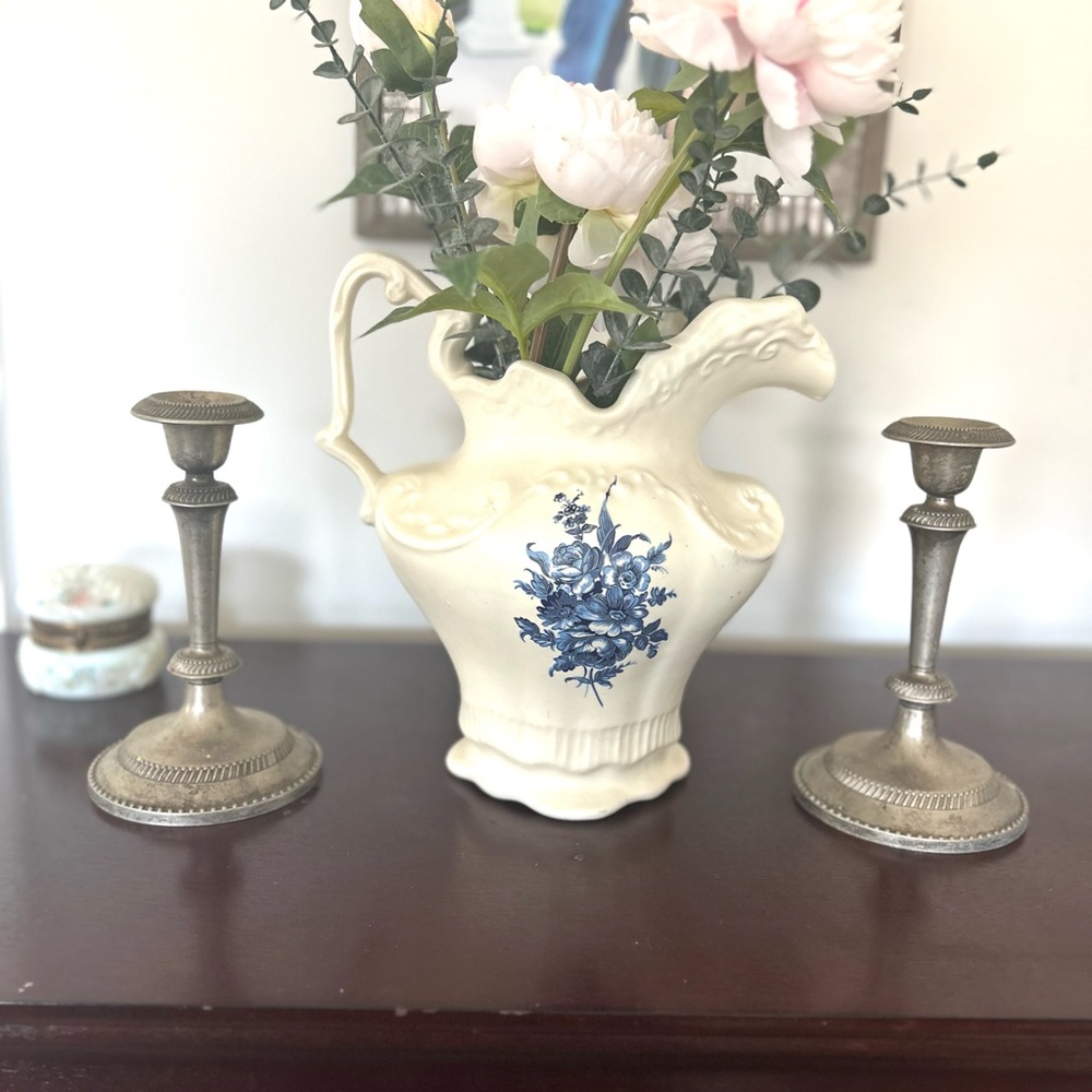 Elegant Cream and Blue Floral Pitcher Vase
